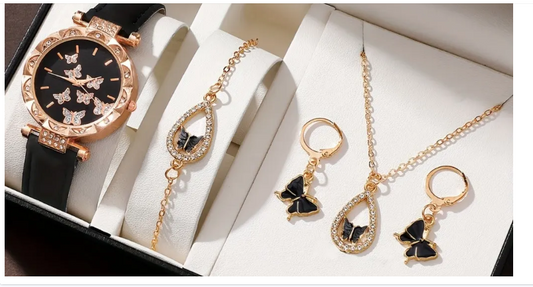 5pcs/Set Women`s Watch Elegant Butterfly Quartz Watch Sparkling Rhinestone Analog Watch And Jewelry