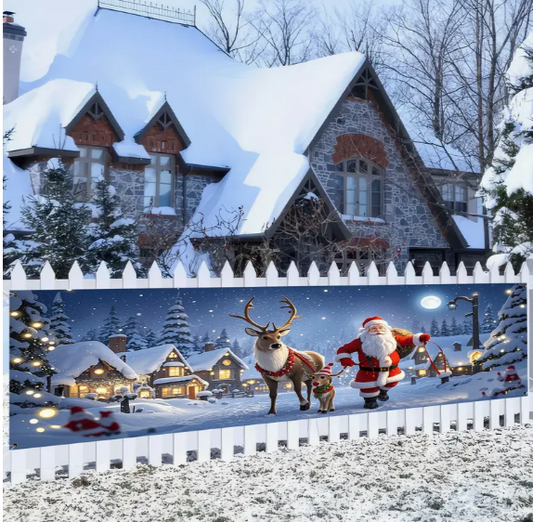 Christmas and New Year Polyester Banner 1 Pack (17 x 78 Inch) - Outdoor Santa Claus and Reindeer Moonlight Scene Hanging Flag, Decorative Entry Garden Banner for Holiday Celebrations,