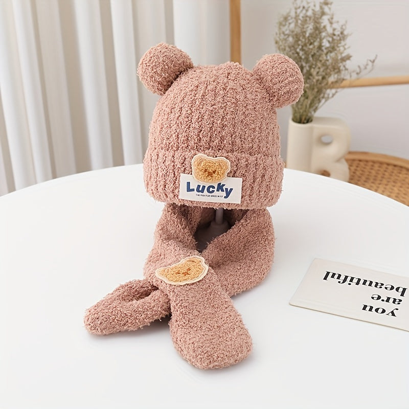 's Autumn and Winter Bear Knit Hat Unisex Warm Pullover Cap and Scarf Set