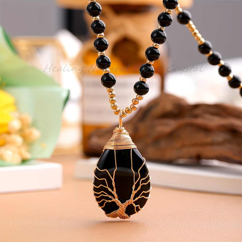 [Gift Ready] JXMYBA Boho Chic Natural Amethyst Tree of Life Pendant Necklace   Handmade Chakra Gemstone Bead Chain with Golden Wire Wrapped Teardrop Charm  Ideal for Valentine'S Day & Birthday Gifts  Holiday Jewelry|Elegant Gift Box|Natural Crystal Bead C