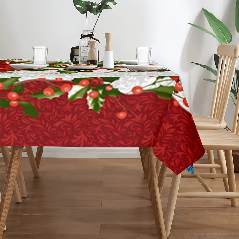 Christmas Poinsettia Floral Tablecloth with Red & White Snowflake Pattern   Red/Green Holiday Table Cover  Durable Fabric for Weddings  Parties  Everyday Dining   Easy Clean Square Tablecloth for Christmas Decorations  Festive Poinsettia Design with Holly