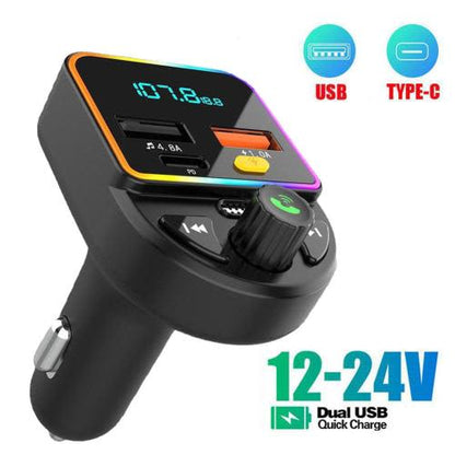 Car Bluetooth FM Transmitter PD Type-C Dual USB Fast Charger Ambient Light MP3 F