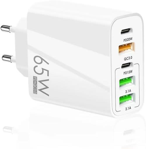 65W USB C Charger, 5 Port Cell Phone Charger with GaN Tech Fast Charging Charger Compatible