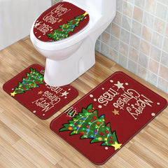 1/3pcs Christmas Red Background String Lights Christmas Tree Bathroom Three Piece Toilet Floor Mat Toilet Lid Mat Toilet Accessories Set Household Entrance Door Mat Bathroom Non Slip Absorbent Carpet