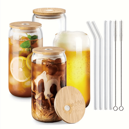 4 Pack Beer Glasses with Bamboo Lid Straws Heat Resistant Glasses