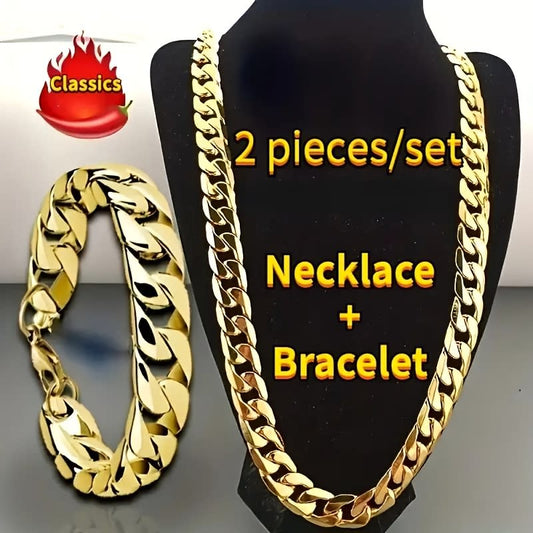 2pcs Hip Hop Style Jewelry Set - Trendy Cuban Chain Design Necklace And Bracelet For Men And Women, Suitable For Daily Outfits And Party Accessories