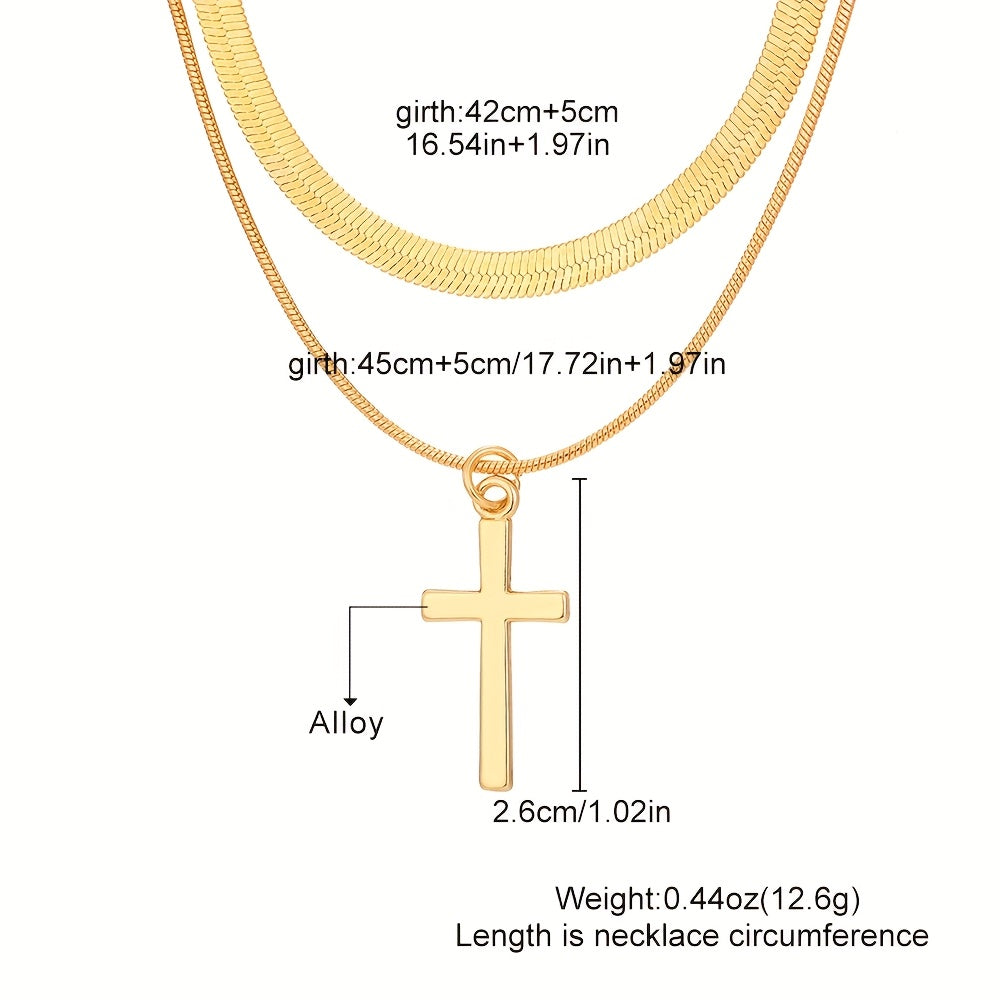 2pcs Layered Golden Toned Cross Pendant Necklace Set for   Layered Snake Chain Double Cross Pendants  Minimalist Everyday & Party  Year Round Versatile Necklace Combo ( Golden Look  No Plating)   Gift Ready
