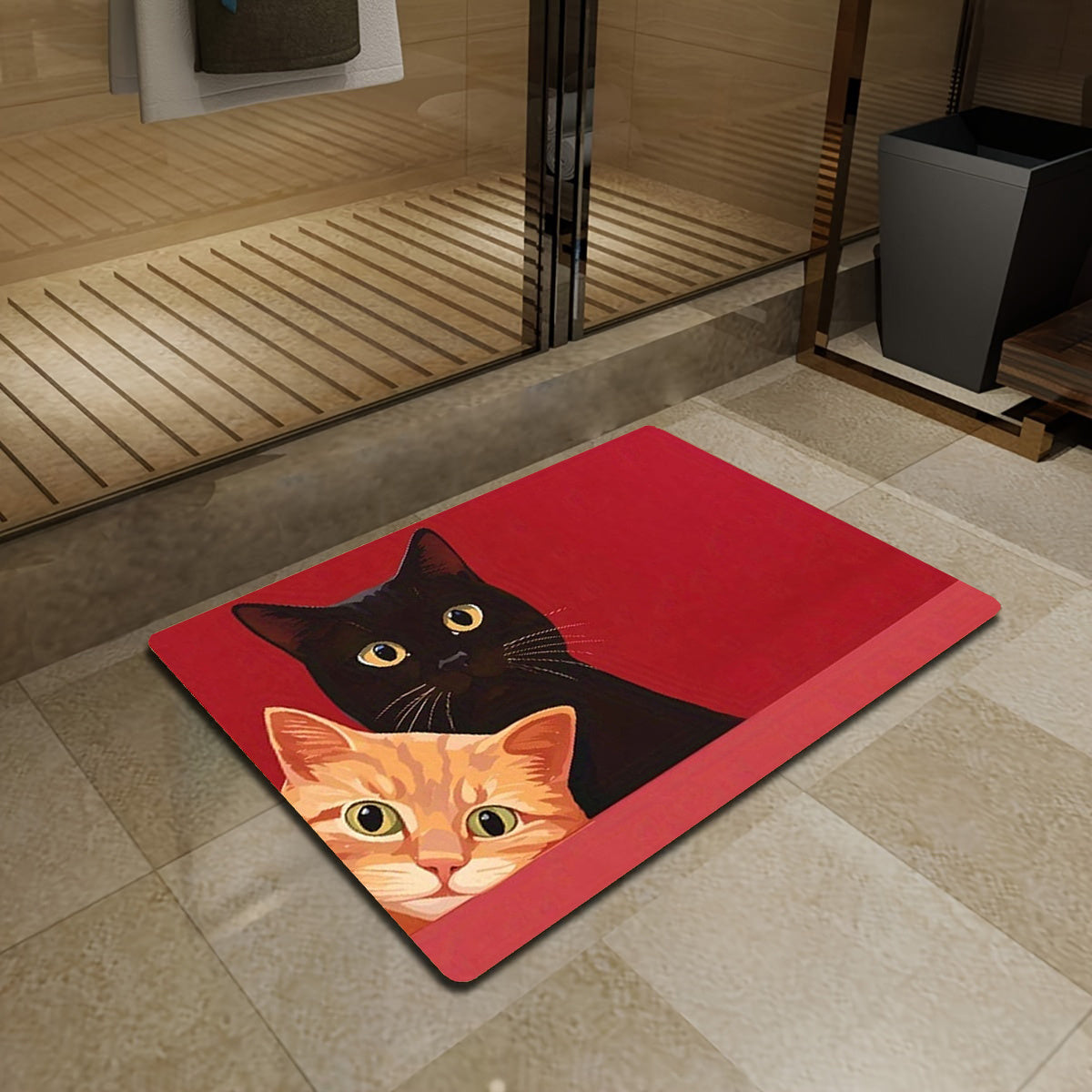 A Flannel Welcome Mat for The Entrance  Featuring a Design with Two Cute Cats  Weighing 450G/㎡  10Mm Thick And Easy to Clean  Suitable for Indoor And Outdoor Decoration  Entryways  Living Rooms  Bedrooms  Offices  Kitchens  Bathrooms  And Hallways.