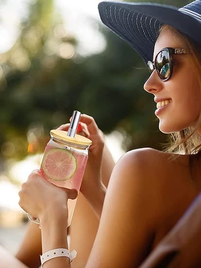 4 Pack Beer Glasses with Bamboo Lid Straws Heat Resistant Glasses