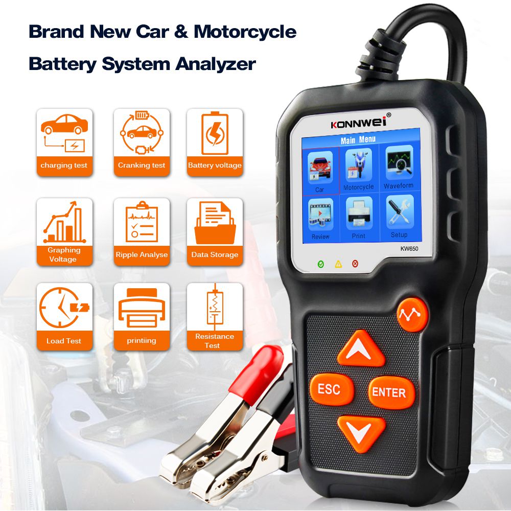 KONNWEI KW650 Car Motorcycle BatteryTester 12V 6V Battery System Analyzer 2000CCA Charging Cranking Test Tools for the Car