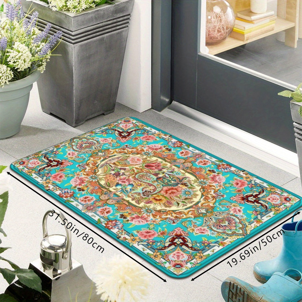 1Pc Elegant Blue Floral Doormat Soft Absorbent Non Slip