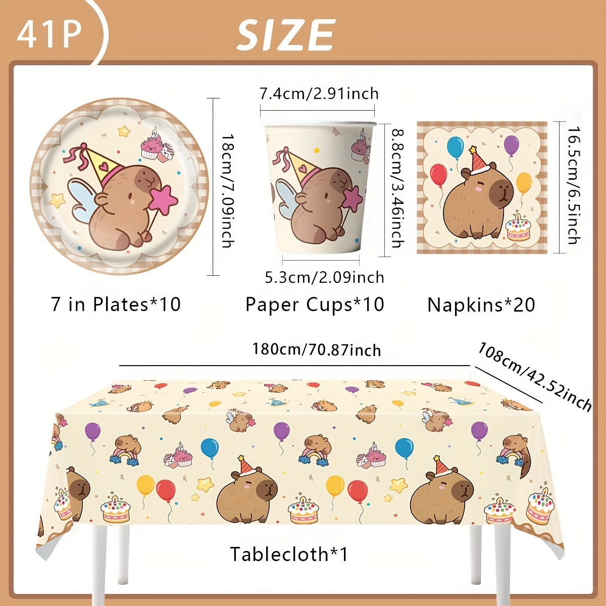 40/41/51/60pcs Capybara Party Supplies Set Disposable Tableware  Paper Plates  Napkins  Cups  Tablecloth  Forks for Birthday Celebrations for Halloween  Christmas Event & Party Supplies Halloween&Christmas
