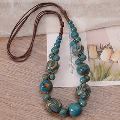 Bohemian Style Brown Synthetic Fiber Rope Ceramic Bead Necklace   Handwoven Vintage Ethnic Style Adjustable Women'S Necklace  Elegant Daily Wear | Bohemian Vintage Style | Adjustable Necklace High Temperature Kiln Fired Ceramic Beads  Women'S Daily Access