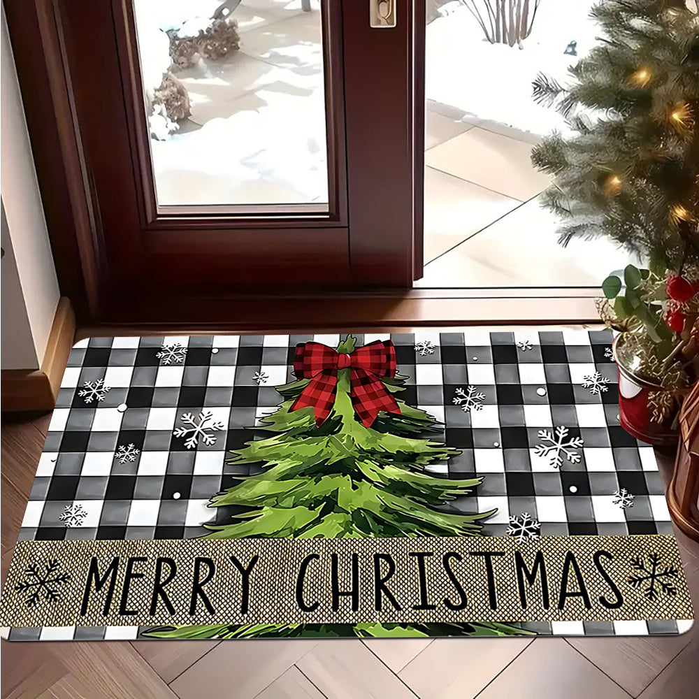 1Pc Black And White Checkered Christmas Doormat With Red