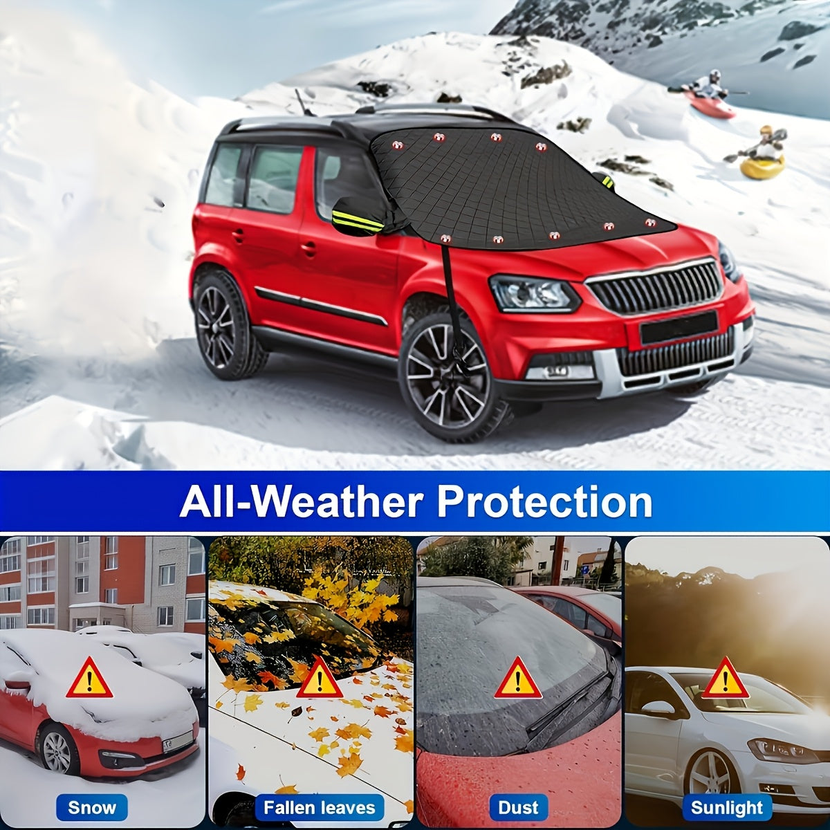 Upgraded model equipped with a fixed elastic hook for the car's snow and sunshade black windshield cover. Suitable for most vehicles  it features 9 strong magnets and a rearview mirror cover that securely attaches to the car body. The thickened automotive