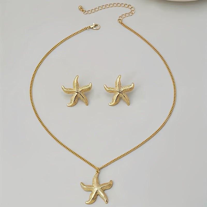 Three Piece Stylish Trendy Starfish Earrings and Necklace Set