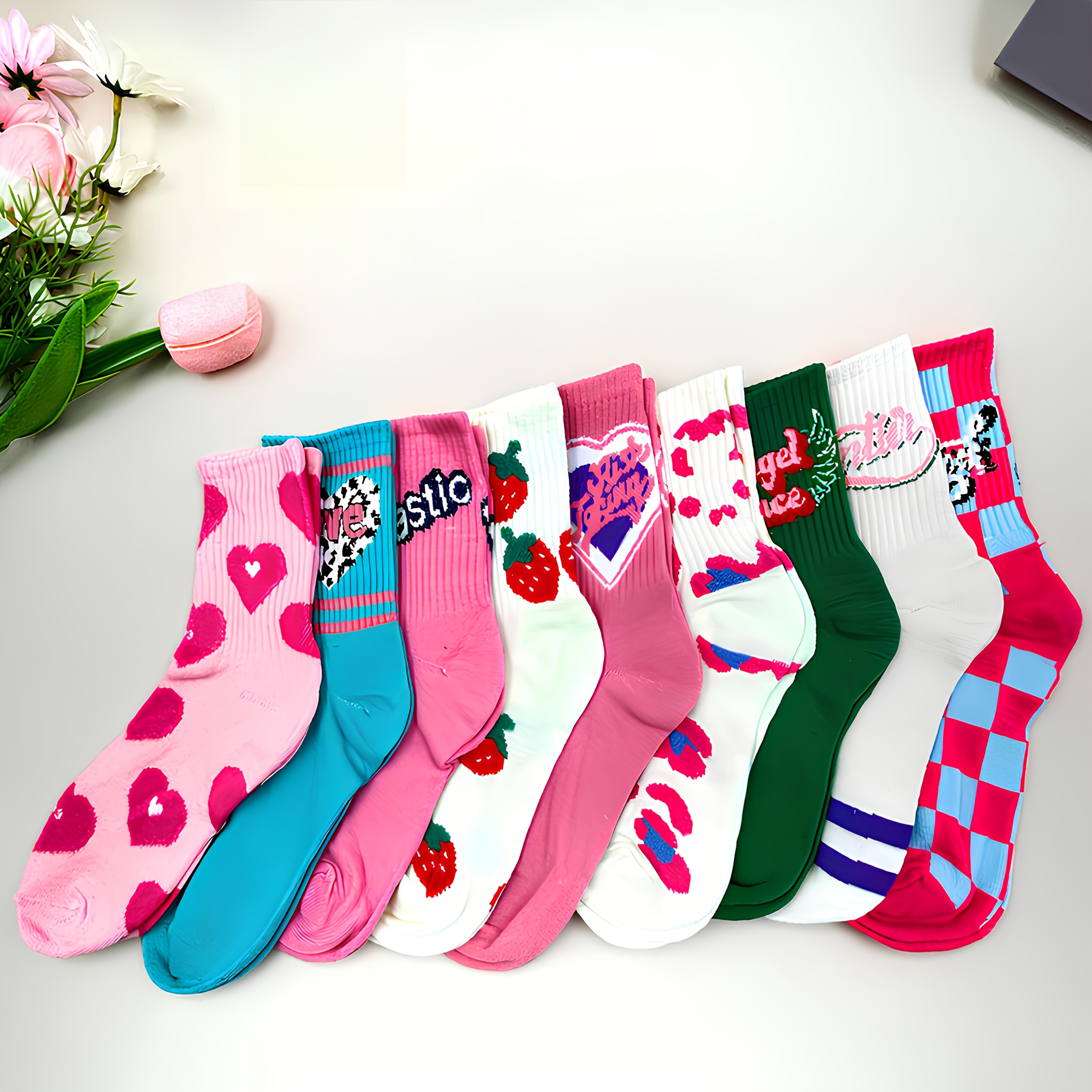 5 pairs of cute polyester socks for women   Heart|Strawberry|Letter|Checkerboard pattern mix  all season polyester socks  soft mid calf socks for all seasons  comfortable casual sports socks  machine washable