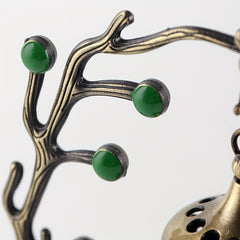 LASODY Elegant Chinese Style Incense Burner with Deer Base   Metal  Green Jade Beads & Golden Bell  Perfect for Home Decor  Christmas  Valentine's  Thanksgiving  Mother'S & Father'S Day  Accessory|Traditional Aesthetic|Elegant Design  Incense Holde