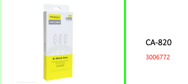Treqa Data & Charging Cable 3 in 1  Lightning Pin, V8 And Type C 2A