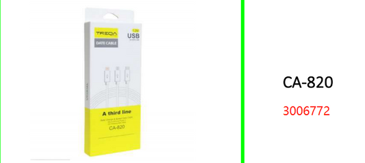 Treqa Data & Charging Cable 3 in 1  Lightning Pin, V8 And Type C 2A