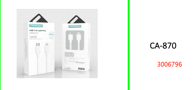 Treqa CA-870 Lightning USB Cable For  IOS 36W 1M