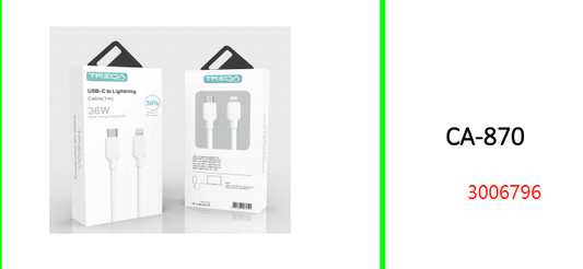 Treqa CA-870 Lightning USB Cable For  IOS 36W 1M