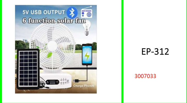 Solar Powered 5 Blade Fan With  Built-In Speaker And LED Night  Light