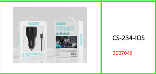 Treqa 3.1A Car USB Charger with  Lightning Cable for IOS