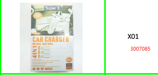 USB 4in1 6A Car Charger with Type C,  Micro USB and Lightning Cable