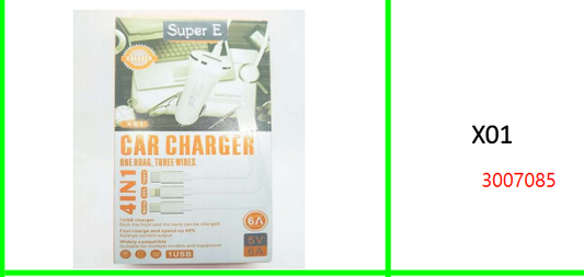 USB 4in1 6A Car Charger with Type C,  Micro USB and Lightning Cable