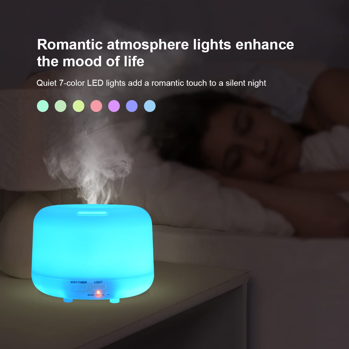 aromatherapy diffuser, with 7 LED colours, BPA-free, for essential oils, ultrasonic humidifier for the bedroom