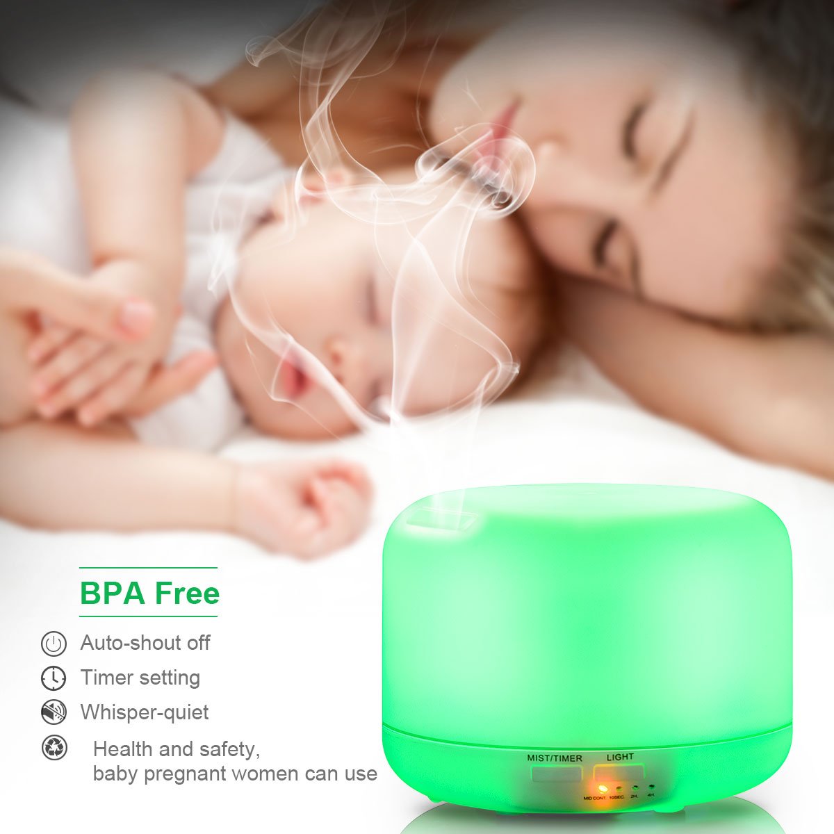 aromatherapy diffuser, with 7 LED colours, BPA-free, for essential oils, ultrasonic humidifier for the bedroom