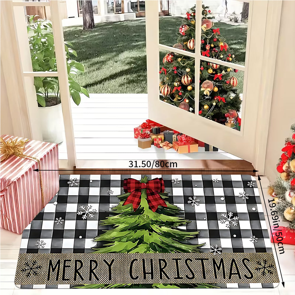 1Pc Black And White Checkered Christmas Doormat With Red