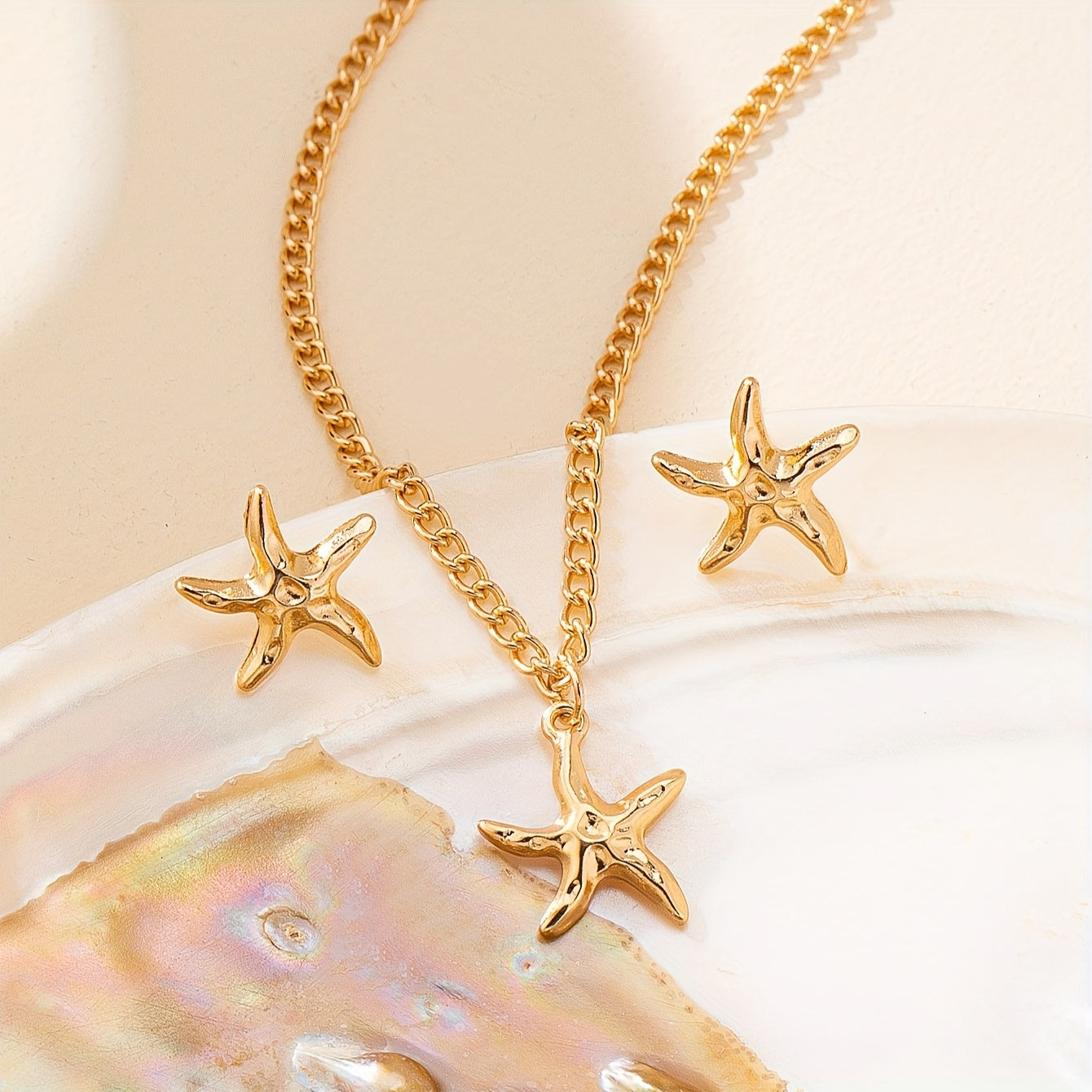 Three Piece Stylish Trendy Starfish Earrings and Necklace Set