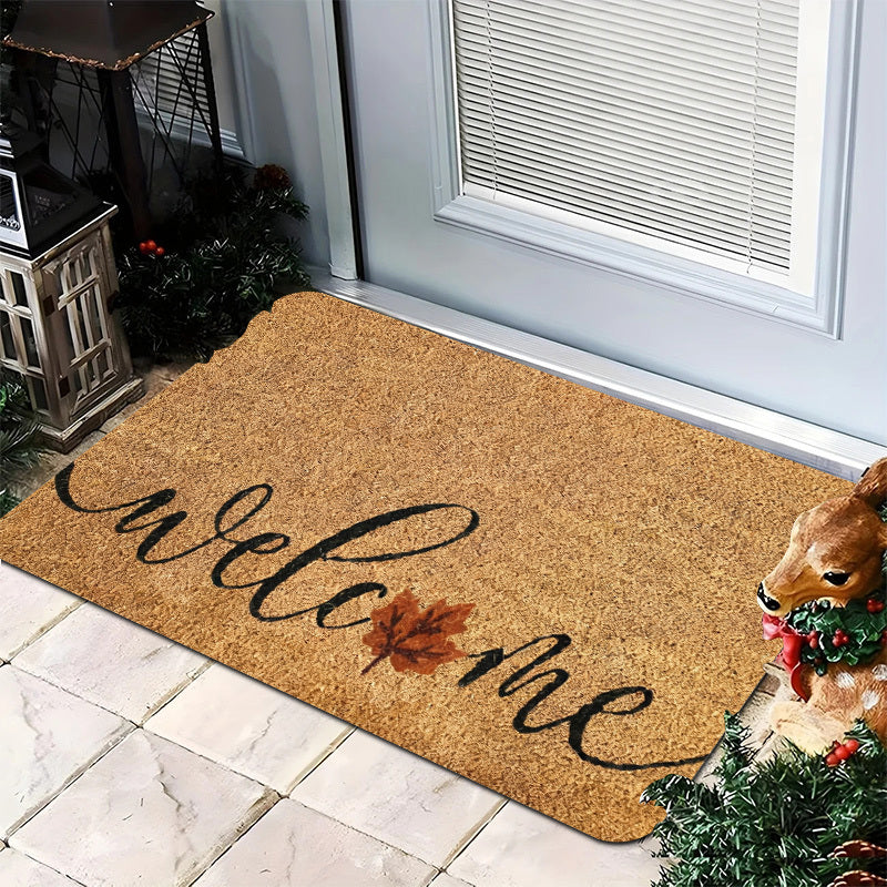 1pc Heavy Duty Coconut Brown Welcome Mat with Elegant Cursive Welcome Lettering & Maple Leaf Design   Thick 1.19cm Pile (600g/m²) Non Slip /Outdoor Mat   Beige/Brown Leaf Pattern Mat for Front Door  Porch  RV  Pet Friendly