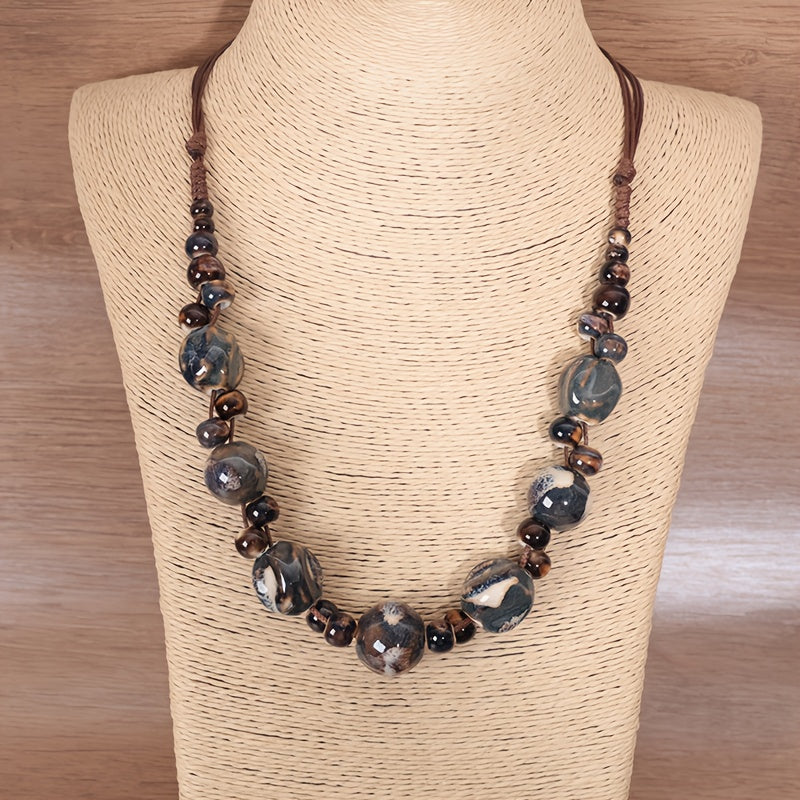 Bohemian Style Brown Synthetic Fiber Rope Ceramic Bead Necklace   Handwoven Vintage Ethnic Style Adjustable Women'S Necklace  Elegant Daily Wear | Bohemian Vintage Style | Adjustable Necklace High Temperature Kiln Fired Ceramic Beads  Women'S Daily Access