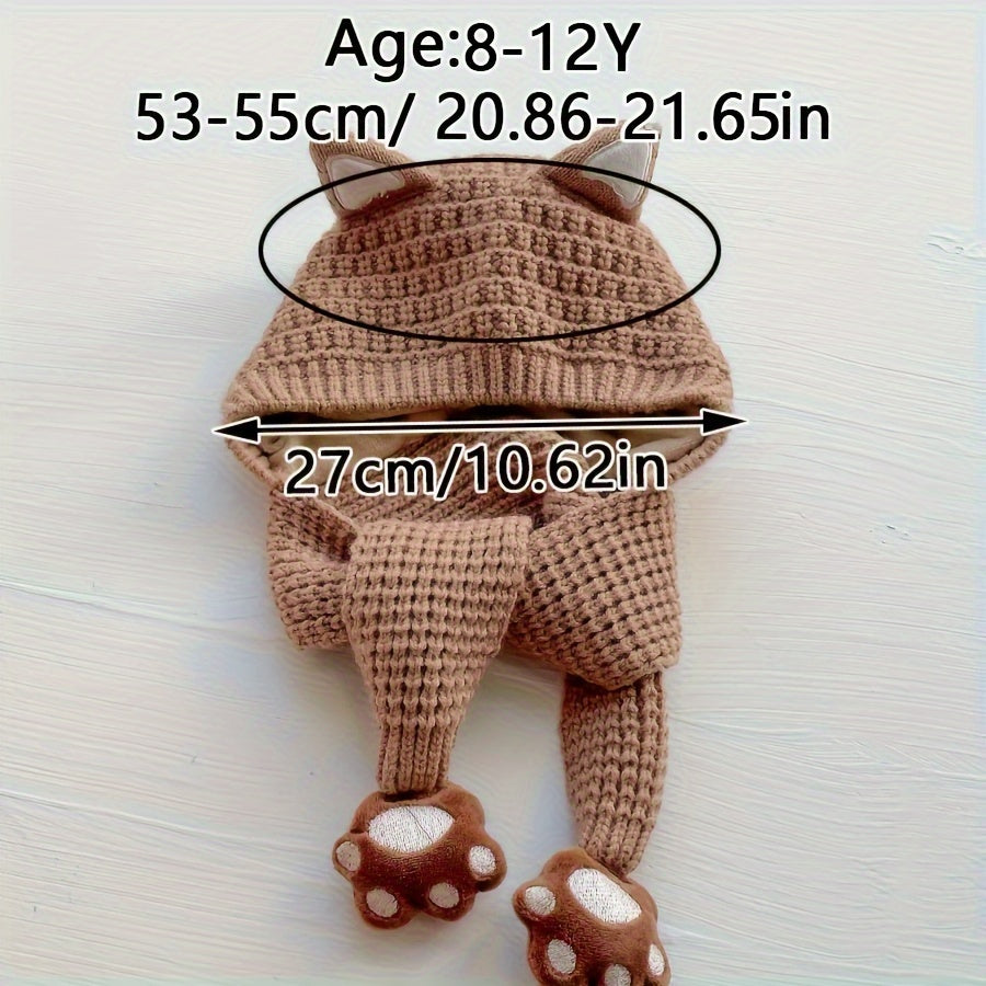 1pc Adorable Cat Ear Warm Hat for Kids   Cozy Knit Hooded Cape with Paw Prints  Stretch Fit  Perfect for Fall/Winter Outdoor Activities  Great for 8 12 Years Olds  Cat Hat