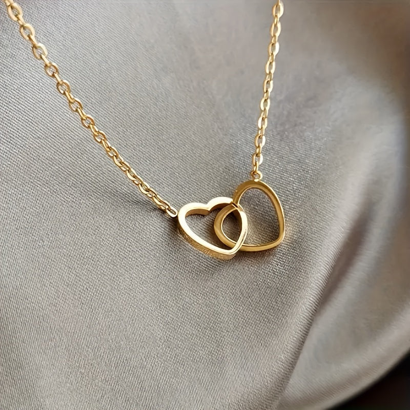 Elegant & Cute Heart to Heart Pendant Necklace for Women   Golden Tone Interconnected Hearts Symbolizing Love & Harmony  Delicate Chain for Casual Attire  Parties & Valentine's Day Gift  Year Round Jewelry  Heart Necklace  Party Accessory  Twisted Heart D