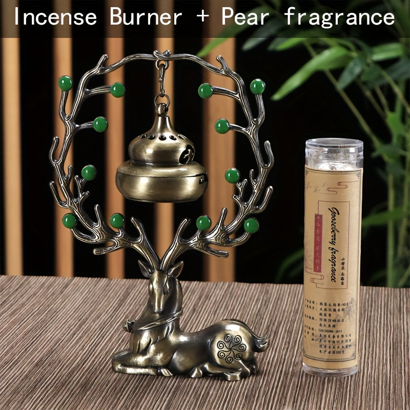 LASODY Elegant Chinese Style Incense Burner with Deer Base   Metal  Green Jade Beads & Golden Bell  Perfect for Home Decor  Christmas  Valentine's  Thanksgiving  Mother'S & Father'S Day  Accessory|Traditional Aesthetic|Elegant Design  Incense Holde
