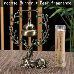 LASODY Elegant Chinese Style Incense Burner with Deer Base   Metal  Green Jade Beads & Golden Bell  Perfect for Home Decor  Christmas  Valentine's  Thanksgiving  Mother'S & Father'S Day  Accessory|Traditional Aesthetic|Elegant Design  Incense Holde