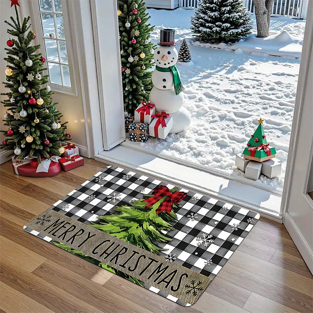 1Pc Black And White Checkered Christmas Doormat With Red