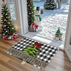1Pc Black And White Checkered Christmas Doormat With Red