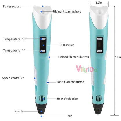 Combo Set Of 3D Pen, Lcd Display With 10 Pcs 5 Metre +3 Pcs 5 Metre Different Color Of Pla Filament Refills (1.75 Mm), Creative Modelling, Arts & Craft Kit - Multicolor, Kids