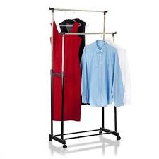 Stainless Steel Double-Pole Clothes Hanger/Rack, Rolling Bar Rail Rack, Adjustable Premium Double-Pole Clothes Hanger