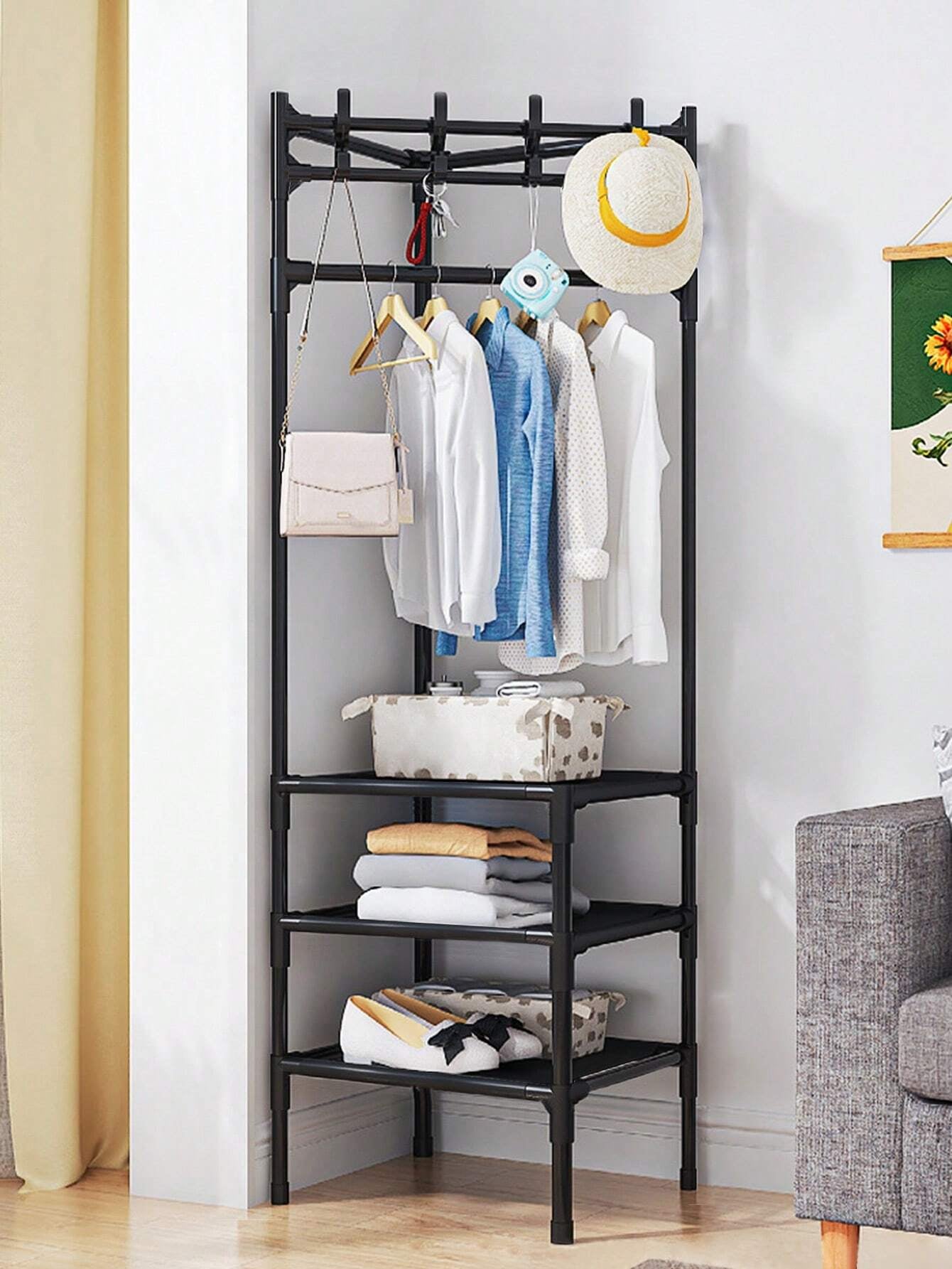 Coat Rack with Shelf Vintage Corner Hall Tree with 2 Shelves Entrance Coat Hanger with 1 Cross Bar Entryway Shelf for Storage Shoes