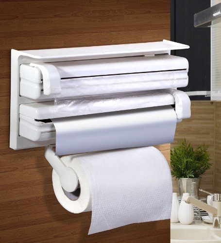 3 in 1 Wrap Center Holds Silver Foil, Plastic Wrap, and Paper Towels / 3 in 1 Kitchen Triple Paper Dispenser & Holder Paper/Foil/Cling Wrap (White)