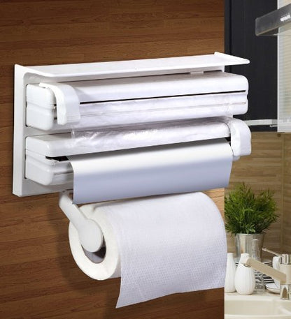 3 in 1 Wrap Center Holds Silver Foil, Plastic Wrap, and Paper Towels / 3 in 1 Kitchen Triple Paper Dispenser & Holder Paper/Foil/Cling Wrap (White)