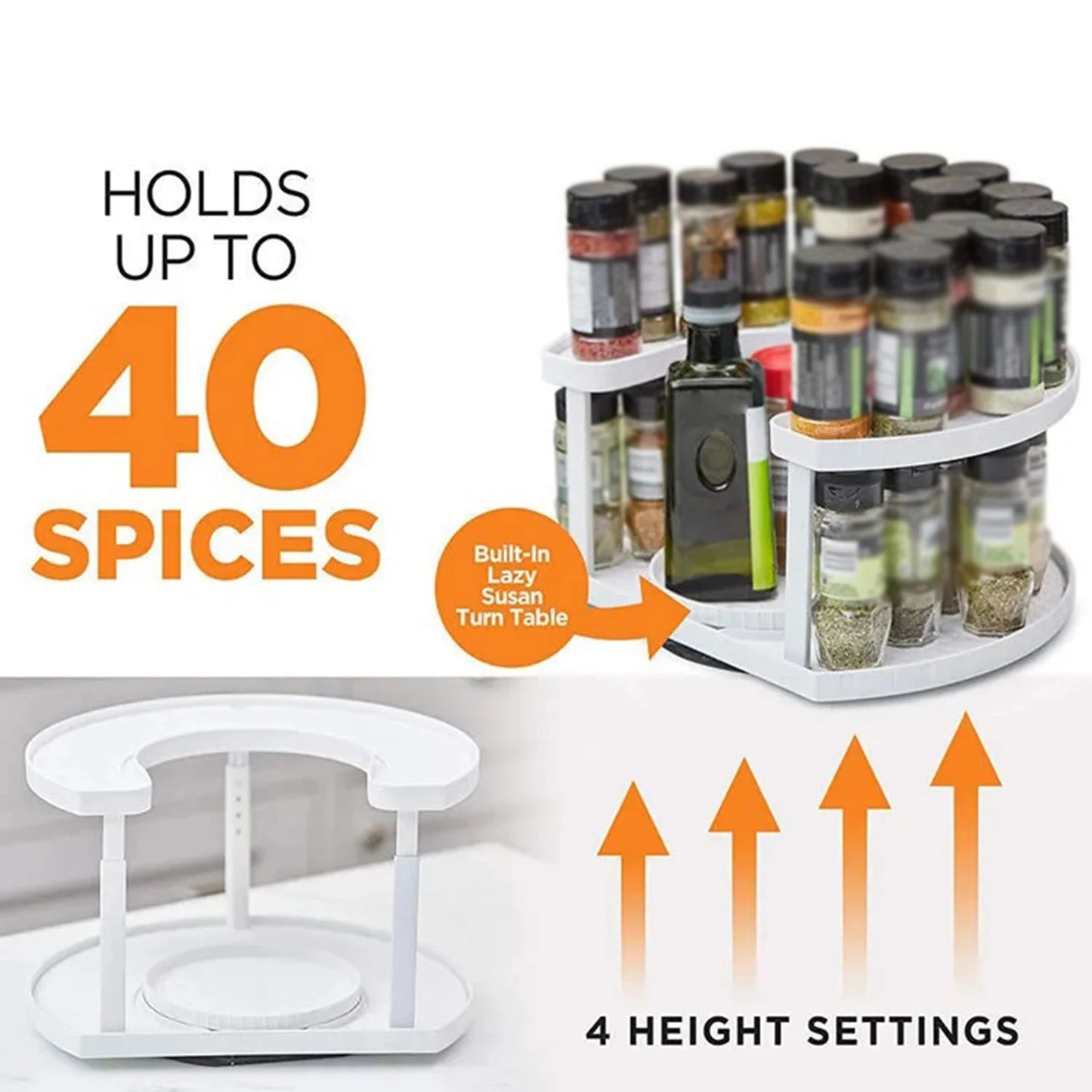 360 Degree Rotating Spice Rack Turntable Non Skid Save Space 2 Tiers Condiments Storage Rack for Kitchen Cupboard Makeup Vanity
