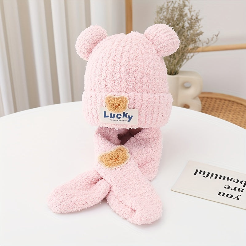 's Autumn and Winter Bear Knit Hat Unisex Warm Pullover Cap and Scarf Set