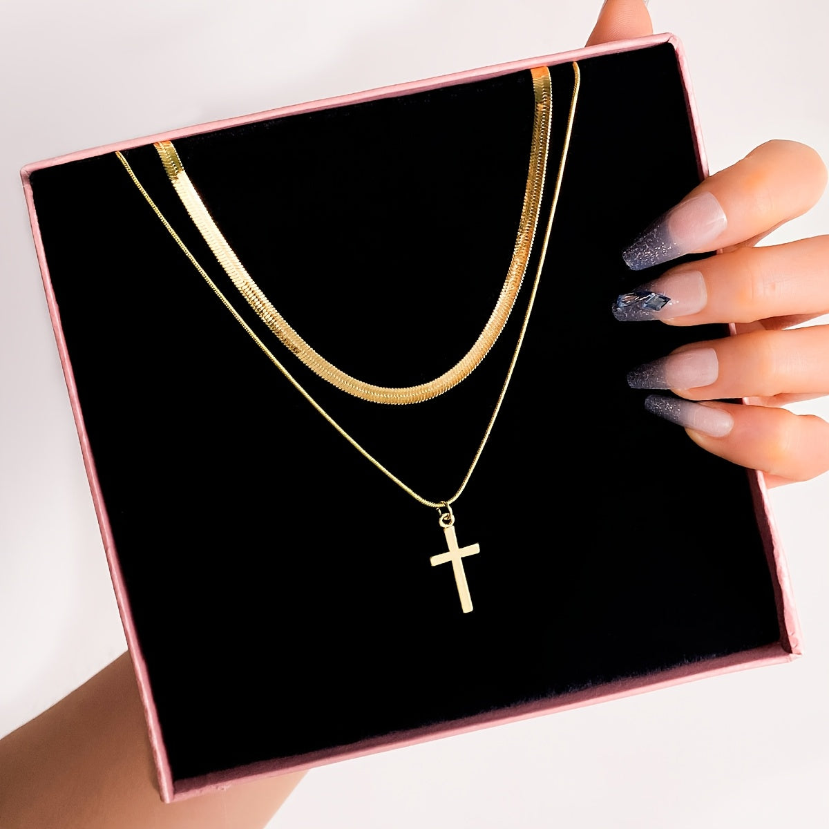 2pcs Layered Golden Toned Cross Pendant Necklace Set for   Layered Snake Chain Double Cross Pendants  Minimalist Everyday & Party  Year Round Versatile Necklace Combo ( Golden Look  No Plating)   Gift Ready
